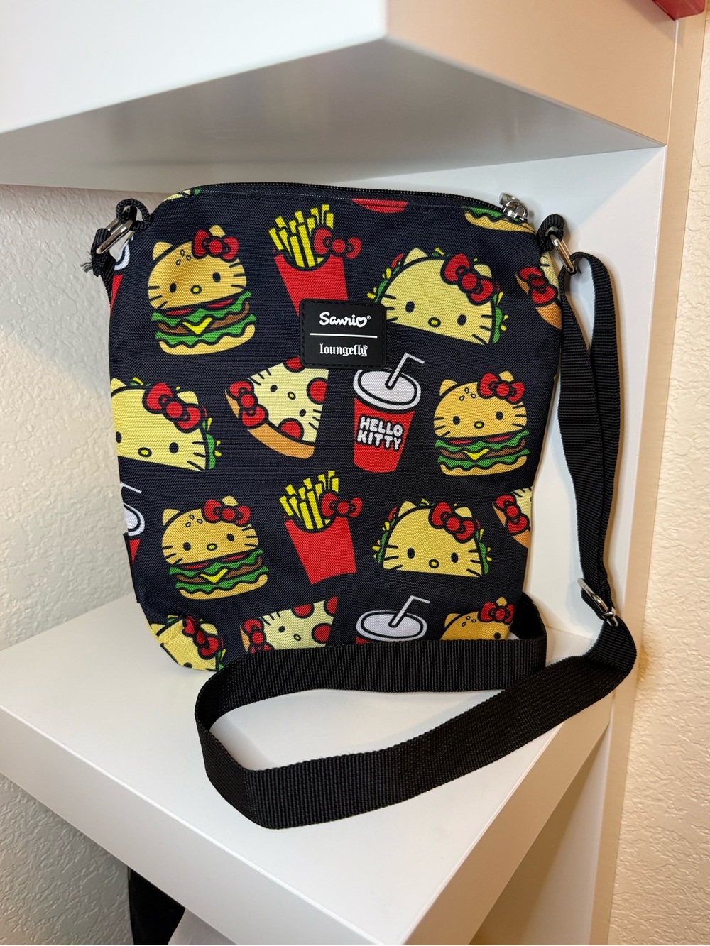 Sanrio Loungefly Hello Kitty Fast Food Print Crossbody Bag - Black